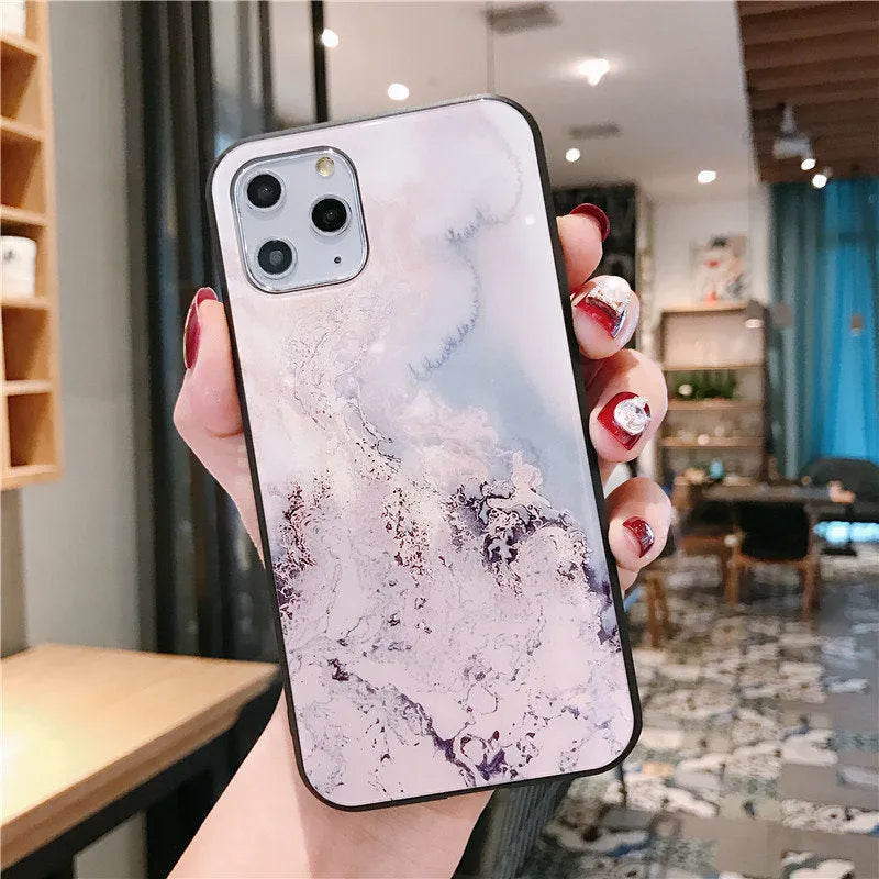 Marble Back Cover Compatible with iPhone 11 12 Pro Max XR XS Max 8 7 6 6s Plus Tempered Glass TPU Silicone Luxury Protective Case European American Style