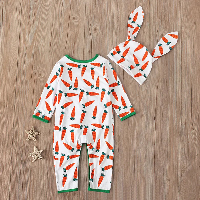 Red cotton Easter baby jumpsuit romper for infants on a white background.