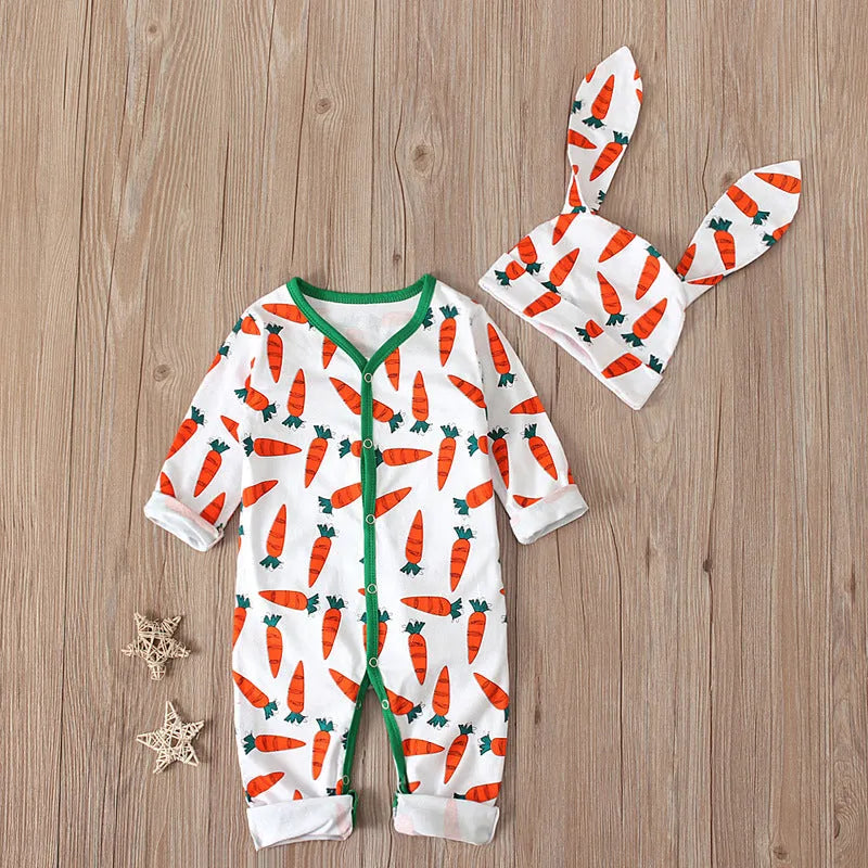 Red cotton Easter baby jumpsuit romper for infants on a white background.