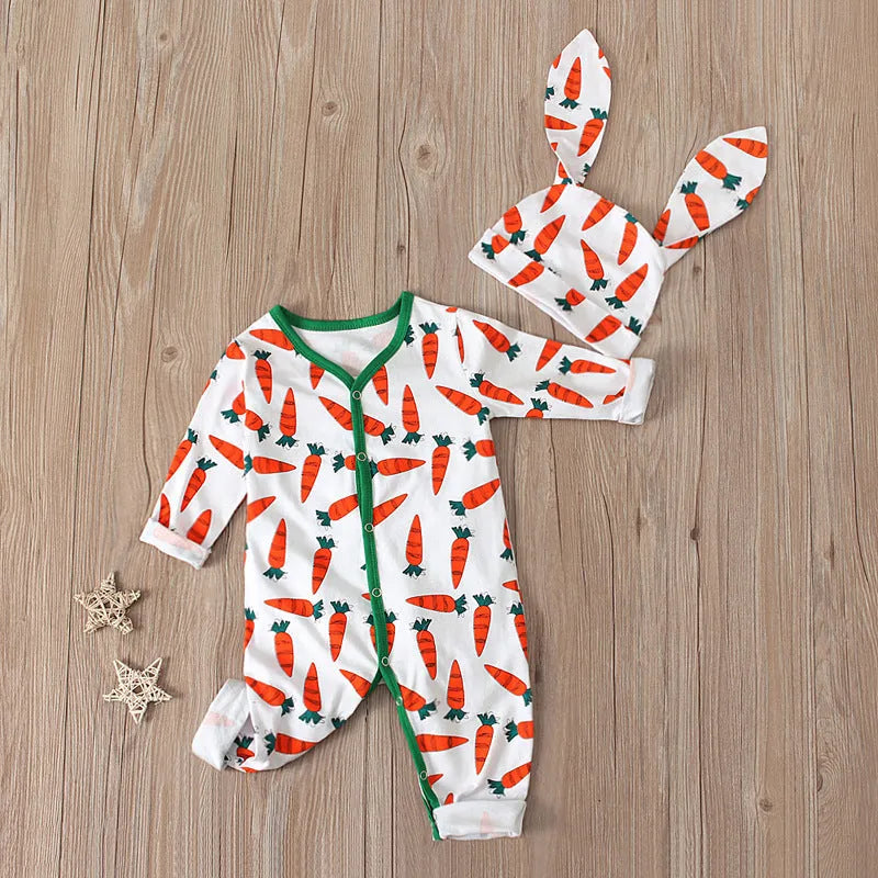 Red cotton Easter baby jumpsuit romper for infants on a white background.