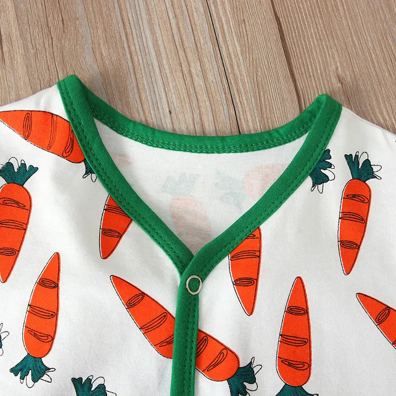 Red cotton Easter baby jumpsuit romper for infants on a white background.