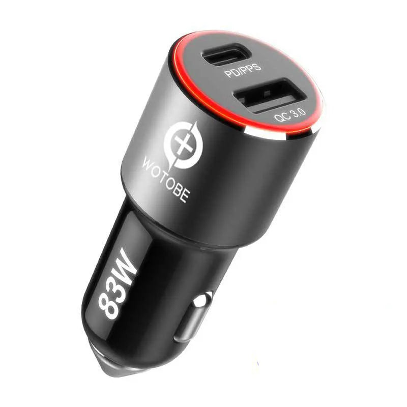 83W dual-port fast car charger with USB-C and QC3.0 ports for laptops and mobile phones