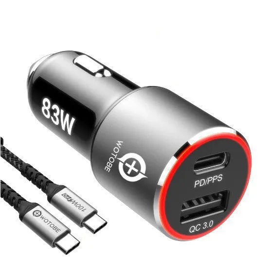 83W dual-port fast car charger with USB-C and QC3.0 ports for laptops and mobile phones