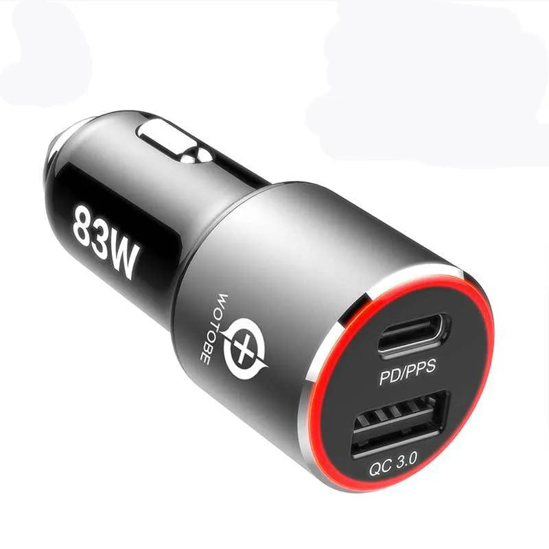 83W dual-port fast car charger with USB-C and QC3.0 ports for laptops and mobile phones