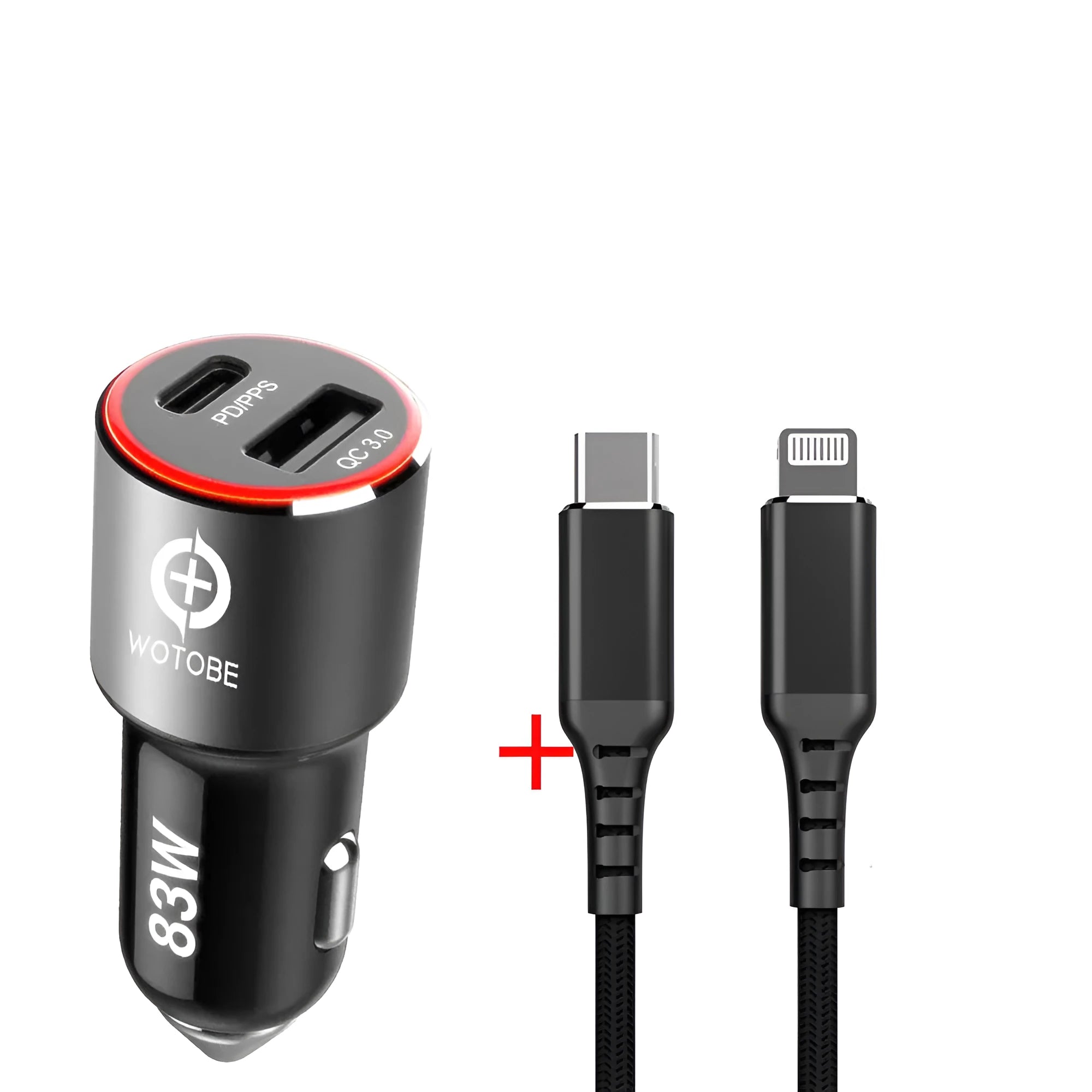 83W dual-port fast car charger with USB-C and QC3.0 ports for laptops and mobile phones