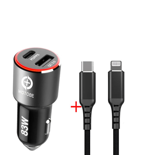 83W dual-port fast car charger with USB-C and QC3.0 ports for laptops and mobile phones