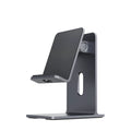 Alloy mobile phone desktop holder in dark grey or silver for universal phone and tablet support.