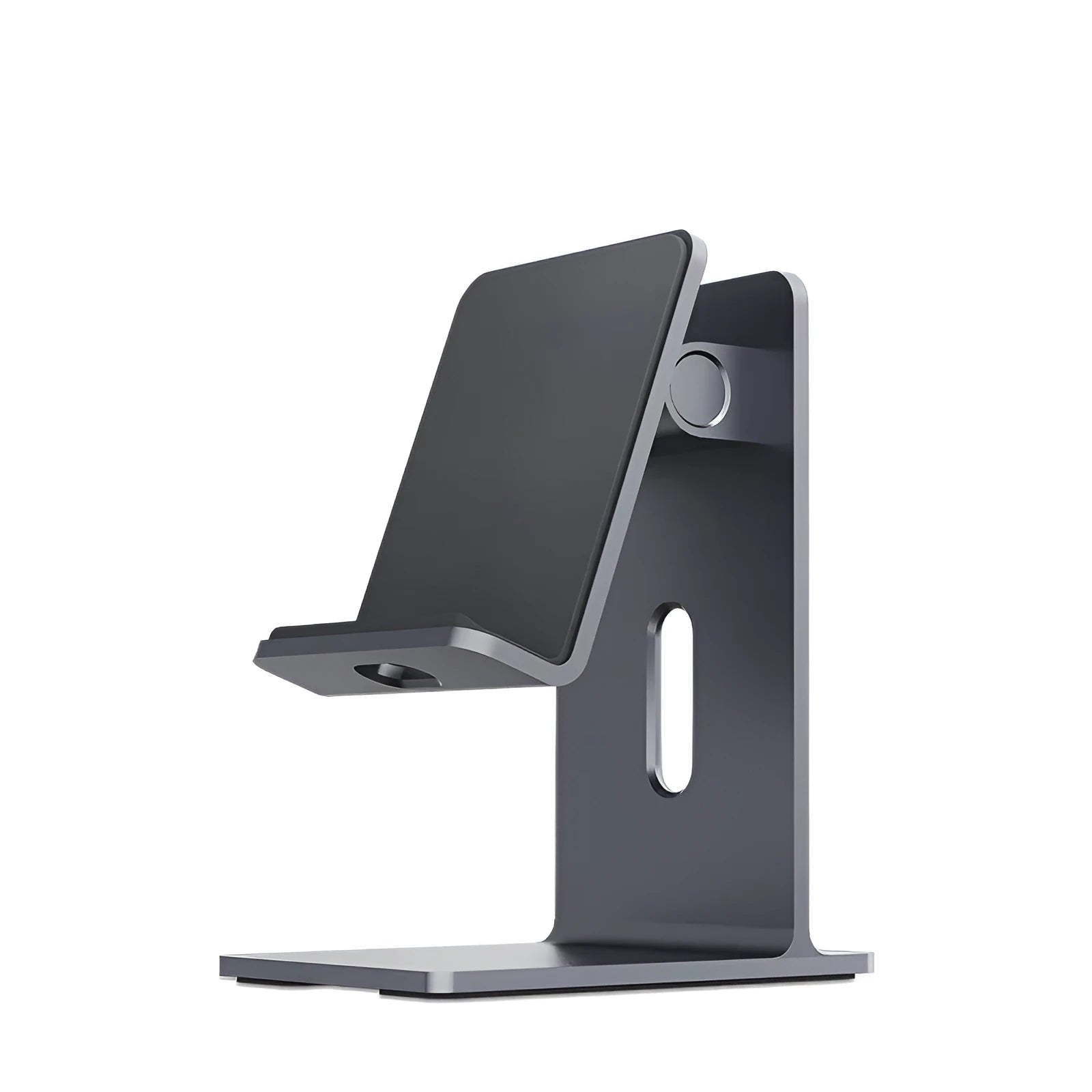 Alloy mobile phone desktop holder in dark grey or silver for universal phone and tablet support.