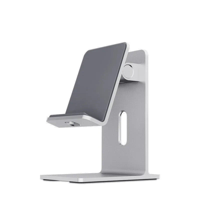 Alloy mobile phone desktop holder in dark grey or silver for universal phone and tablet support.