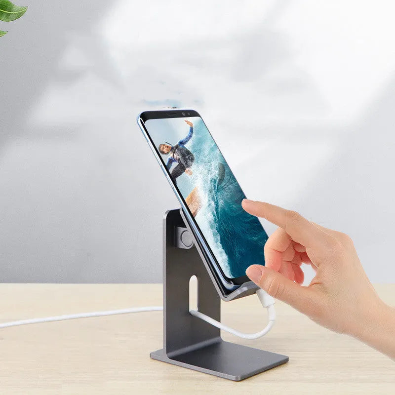 Alloy mobile phone desktop holder in dark grey or silver for universal phone and tablet support.
