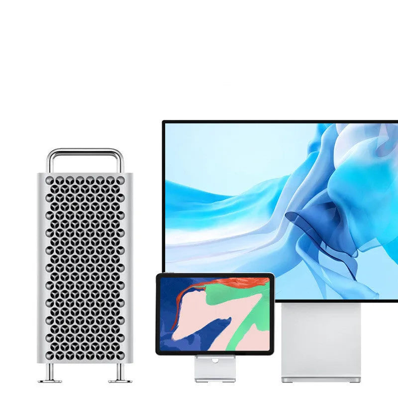 Alloy mobile phone desktop holder in dark grey or silver for universal phone and tablet support.