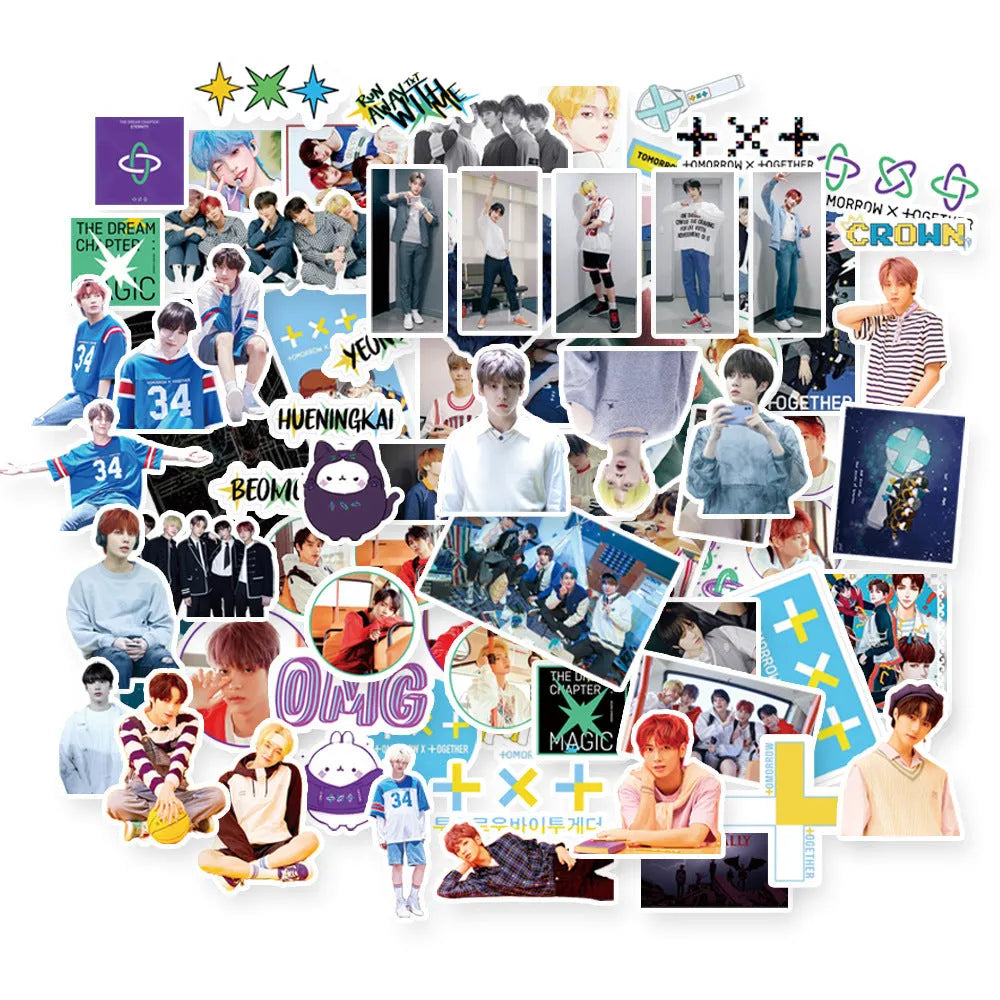 Sheet of luggage stickers with K-pop band logos for EXO, Stray Kids, TWICE and star designs.