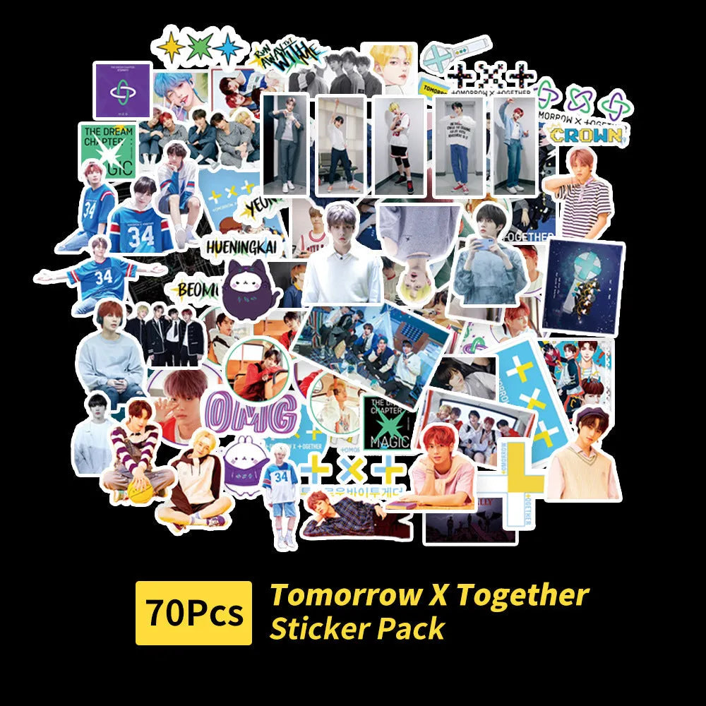 Sheet of luggage stickers with K-pop band logos for EXO, Stray Kids, TWICE and star designs.
