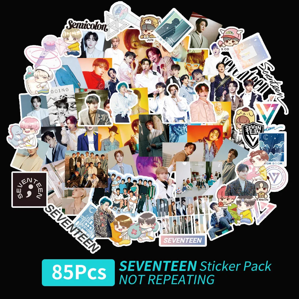 Sheet of luggage stickers with K-pop band logos for EXO, Stray Kids, TWICE and star designs.