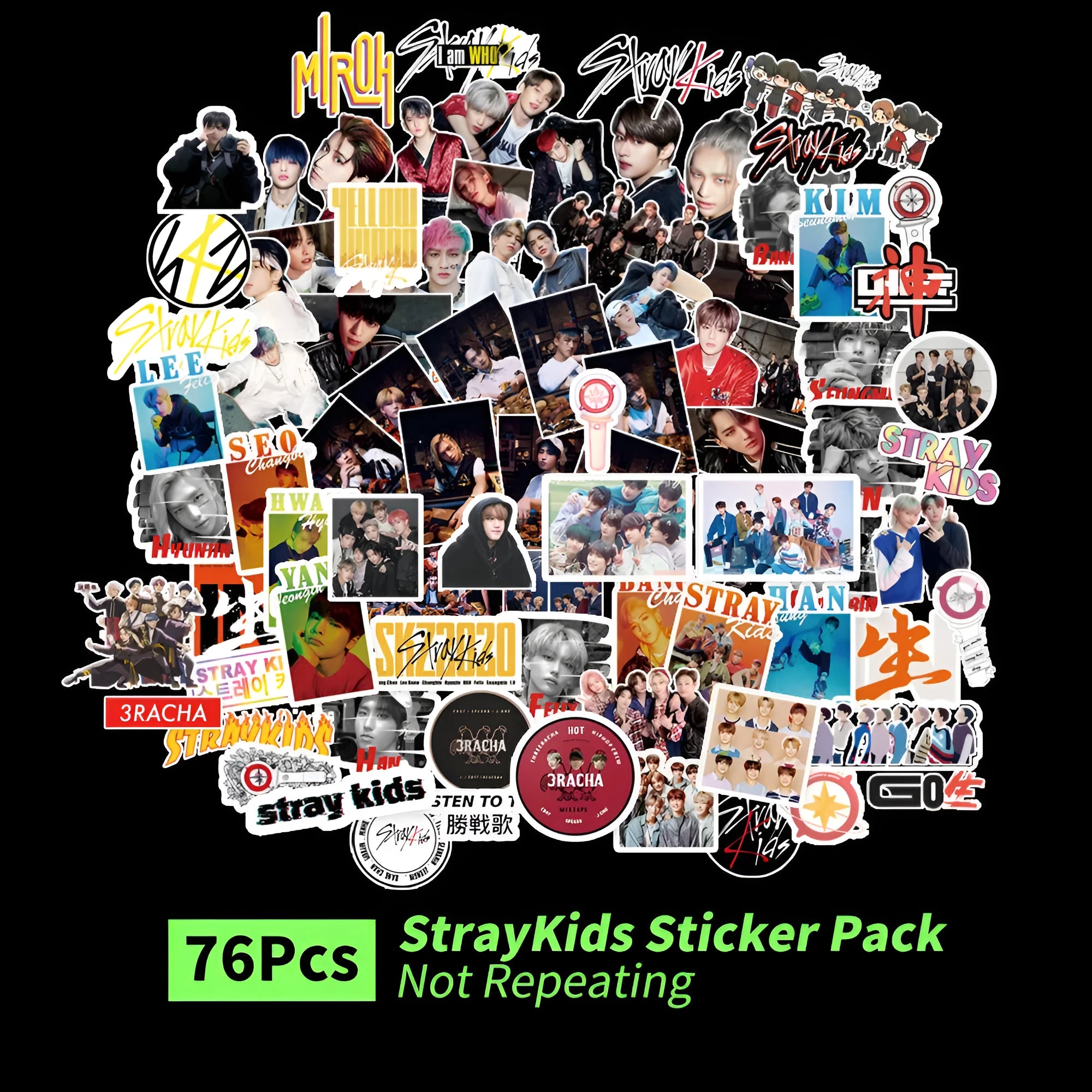 Sheet of luggage stickers with K-pop band logos for EXO, Stray Kids, TWICE and star designs.