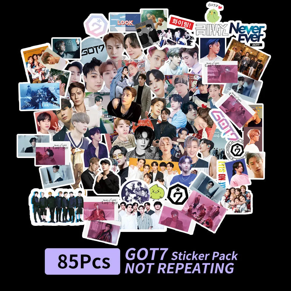 Sheet of luggage stickers with K-pop band logos for EXO, Stray Kids, TWICE and star designs.