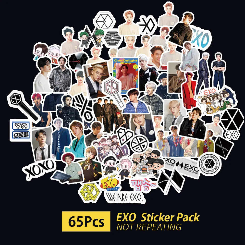 Sheet of luggage stickers with K-pop band logos for EXO, Stray Kids, TWICE and star designs.