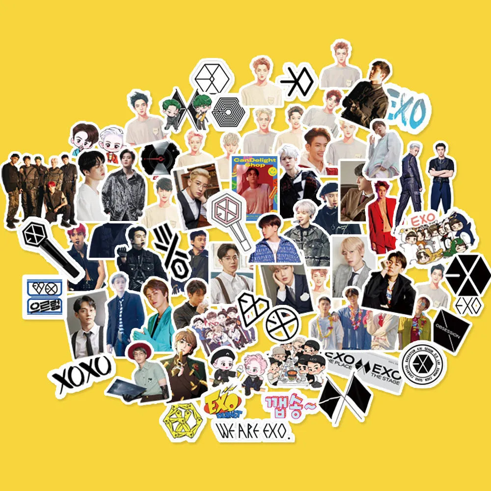 Sheet of luggage stickers with K-pop band logos for EXO, Stray Kids, TWICE and star designs.