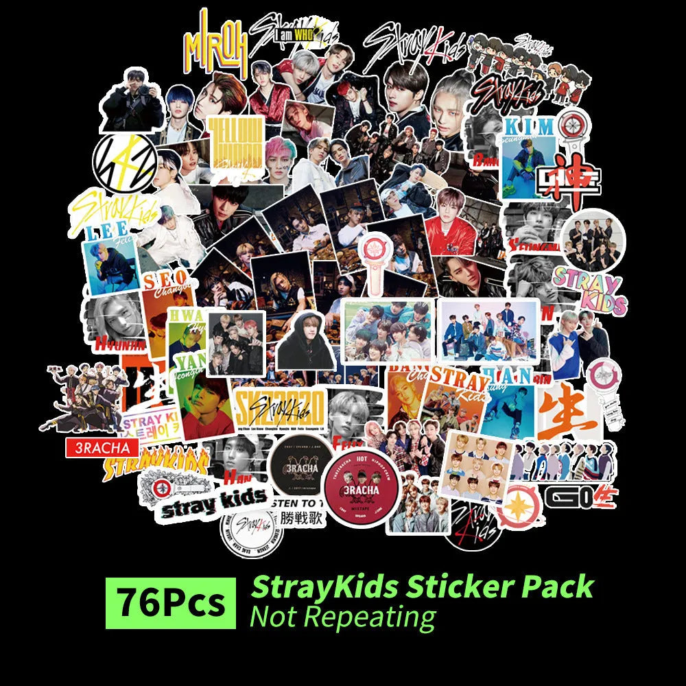 Sheet of luggage stickers with K-pop band logos for EXO, Stray Kids, TWICE and star designs.
