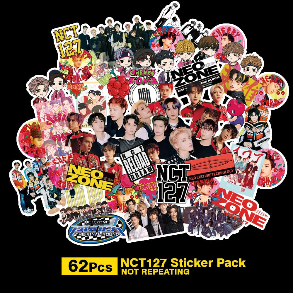 Sheet of luggage stickers with K-pop band logos for EXO, Stray Kids, TWICE and star designs.
