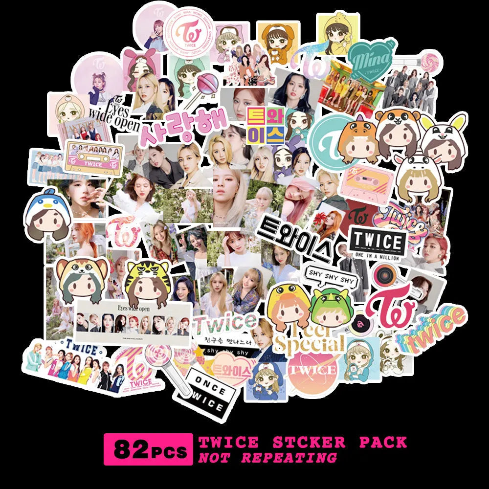 Sheet of luggage stickers with K-pop band logos for EXO, Stray Kids, TWICE and star designs.