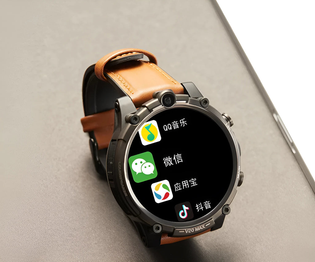 Black smartphone watch with 1.6-inch screen, dual camera lenses, and wrist strap showing 4G connectivity and heart rate monitoring features