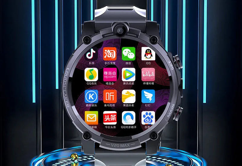 Black smartphone watch with 1.6-inch screen, dual camera lenses, and wrist strap showing 4G connectivity and heart rate monitoring features