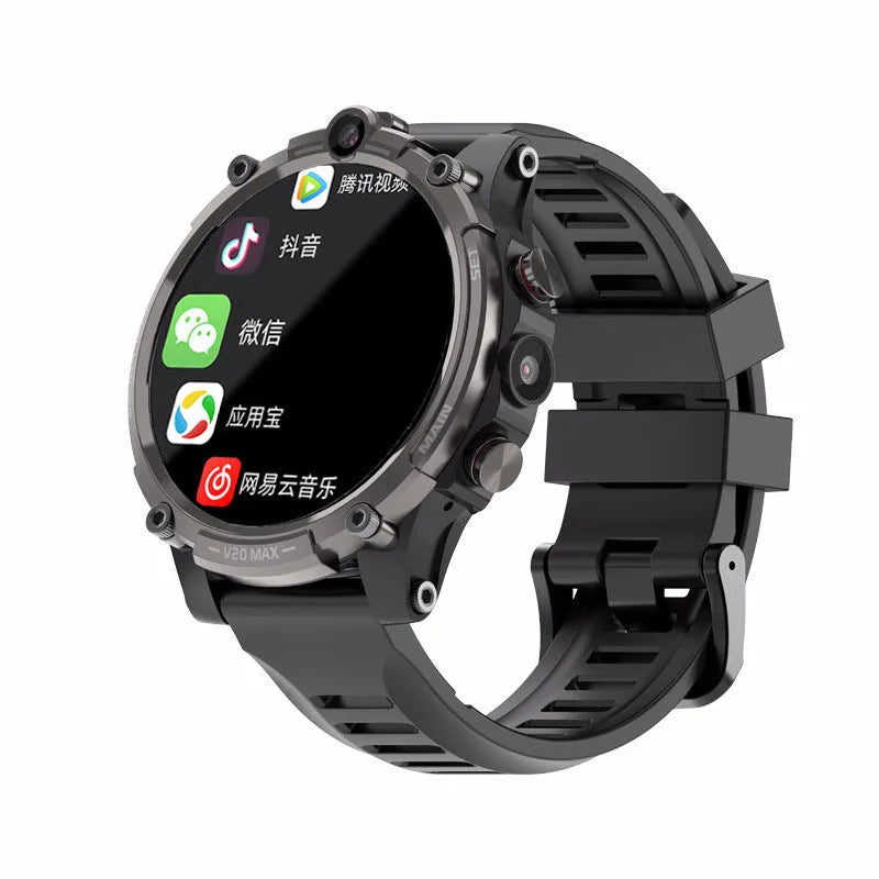Black smartphone watch with 1.6-inch screen, dual camera lenses, and wrist strap showing 4G connectivity and heart rate monitoring features