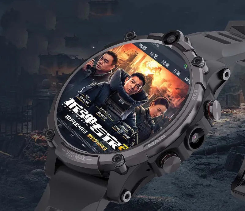 Black smartphone watch with 1.6-inch screen, dual camera lenses, and wrist strap showing 4G connectivity and heart rate monitoring features