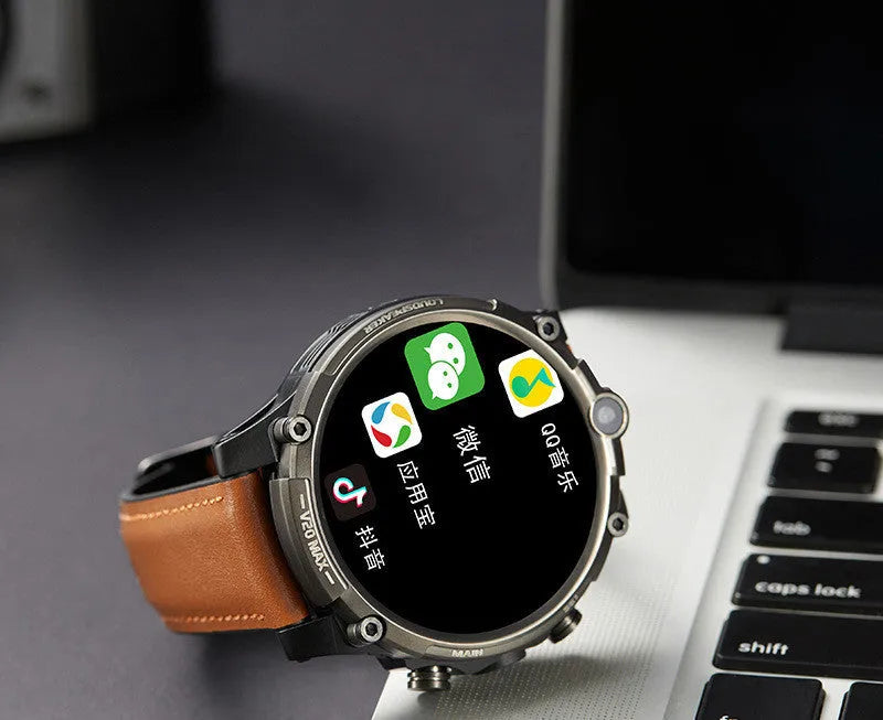 Black smartphone watch with 1.6-inch screen, dual camera lenses, and wrist strap showing 4G connectivity and heart rate monitoring features