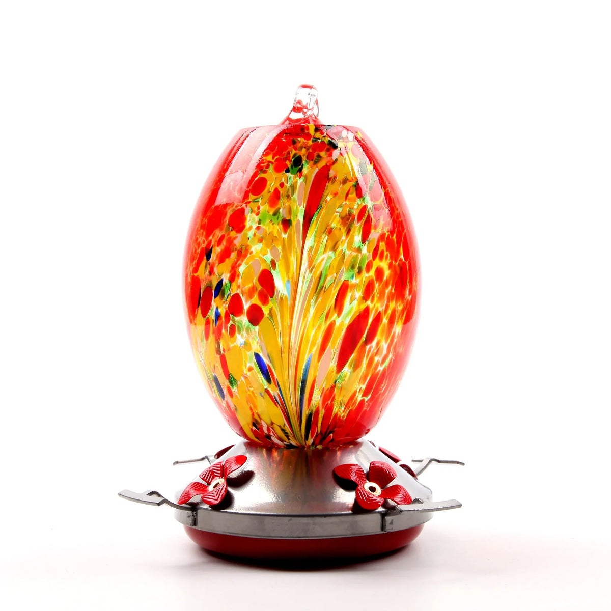 Glass hummingbird feeder with four feeding ports, perches, and anti-ant hook in stained-glass pattern