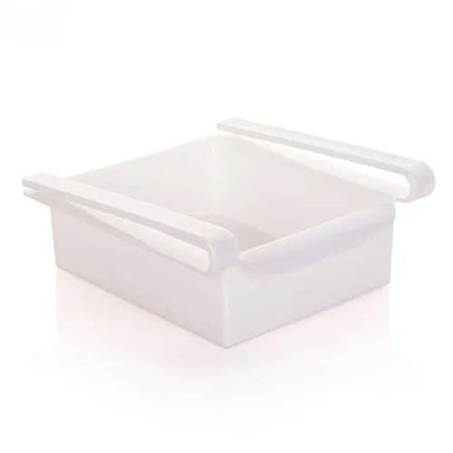 Hanging plastic refrigerator storage rack with drawer compartments and clapboard design for kitchen organisation
