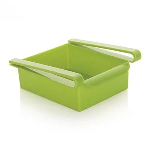 Hanging plastic refrigerator storage rack with drawer compartments and clapboard design for kitchen organisation