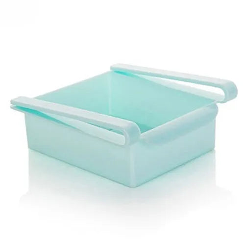 Hanging plastic refrigerator storage rack with drawer compartments and clapboard design for kitchen organisation