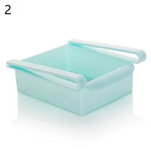 Hanging plastic refrigerator storage rack with drawer compartments and clapboard design for kitchen organisation