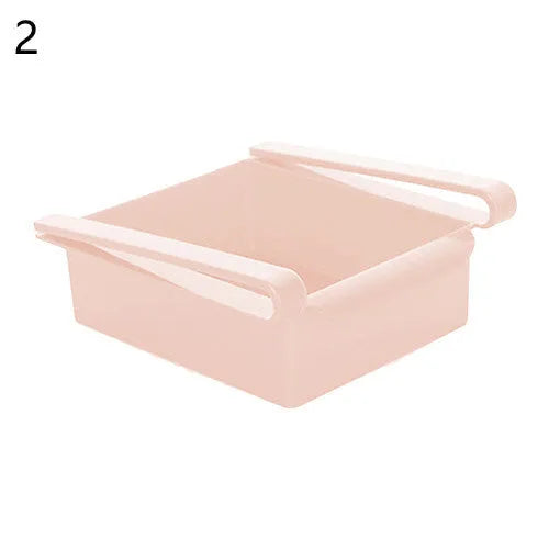 Hanging plastic refrigerator storage rack with drawer compartments and clapboard design for kitchen organisation