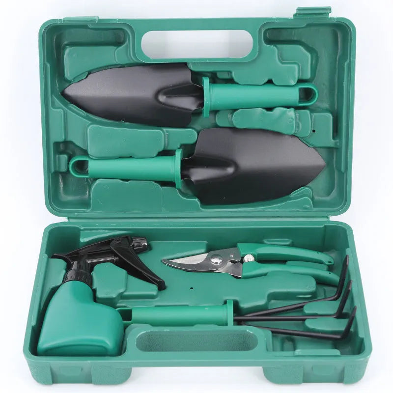 Ten-piece gardening tool set with iron heads and plastic handles, green colour option