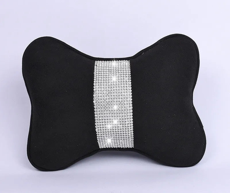 Diamond-studded deerskin velvet car headrest neck pillow with rhinestones in black