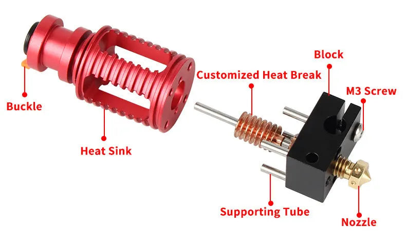 Upgraded Seal extruder with orange buckle, Dragon Hotend ultra-precision head, and six brass nozzles for 3D printer