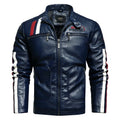 Men's black PU leather motorcycle jacket with washed cotton lining, rock style, no hood, front view