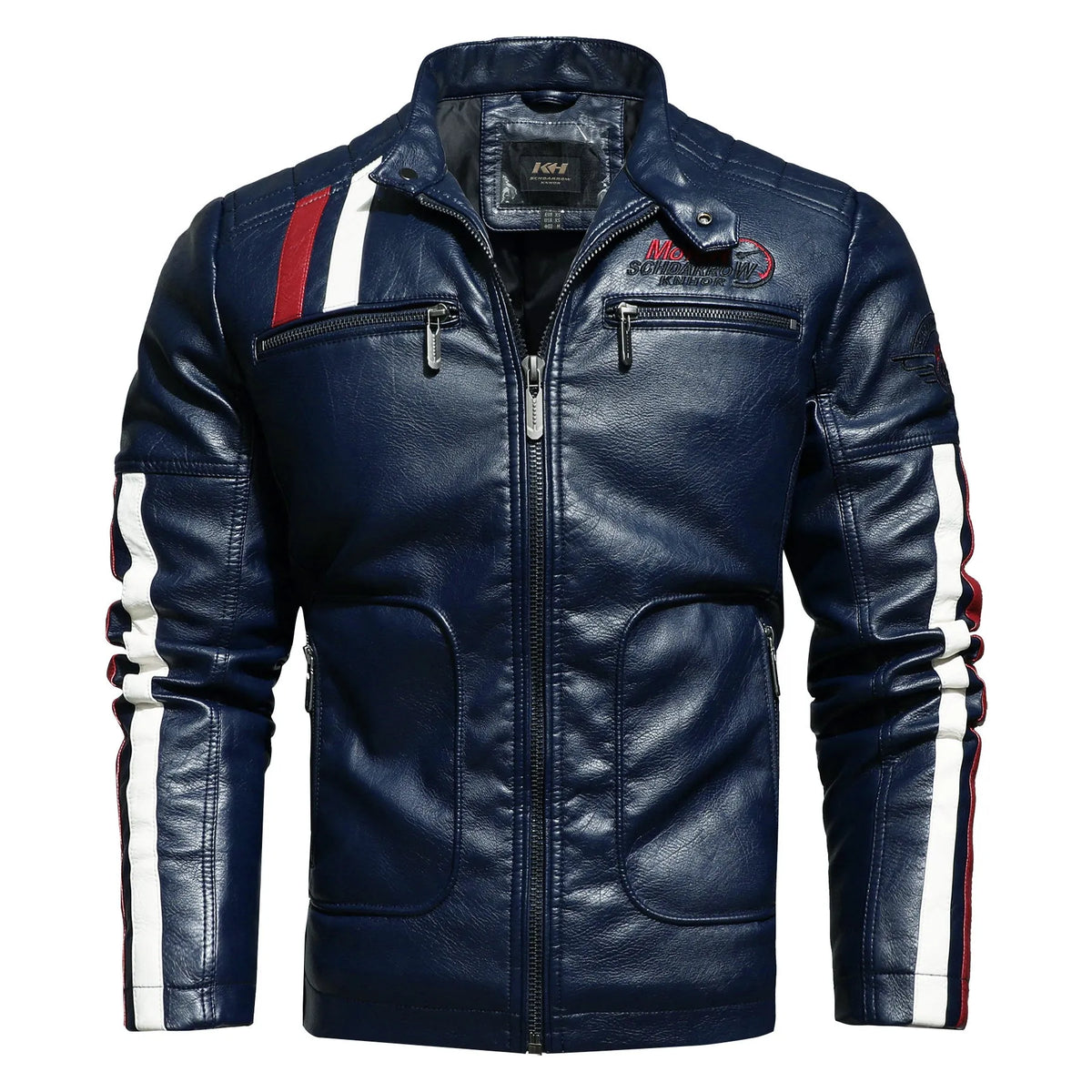 Men's black PU leather motorcycle jacket with washed cotton lining, rock style, no hood, front view