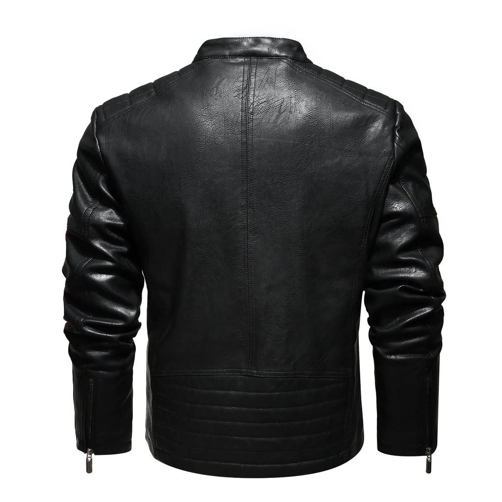 Men's black PU leather motorcycle jacket with washed cotton lining, rock style, no hood, front view
