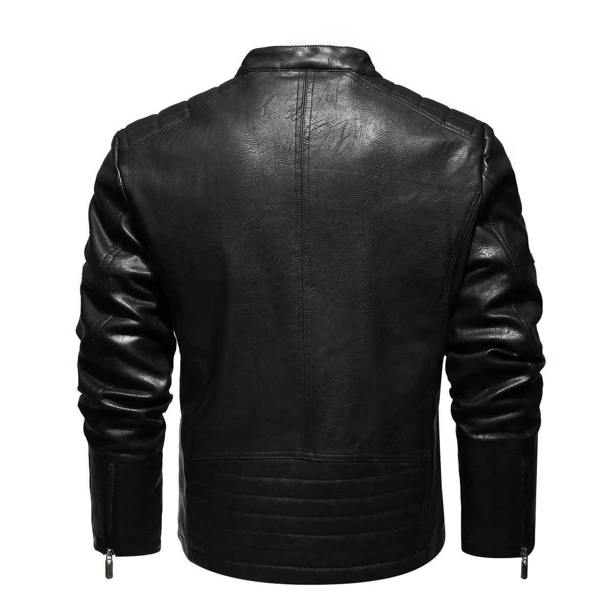 Men's black PU leather motorcycle jacket with washed cotton lining, rock style, no hood, front view