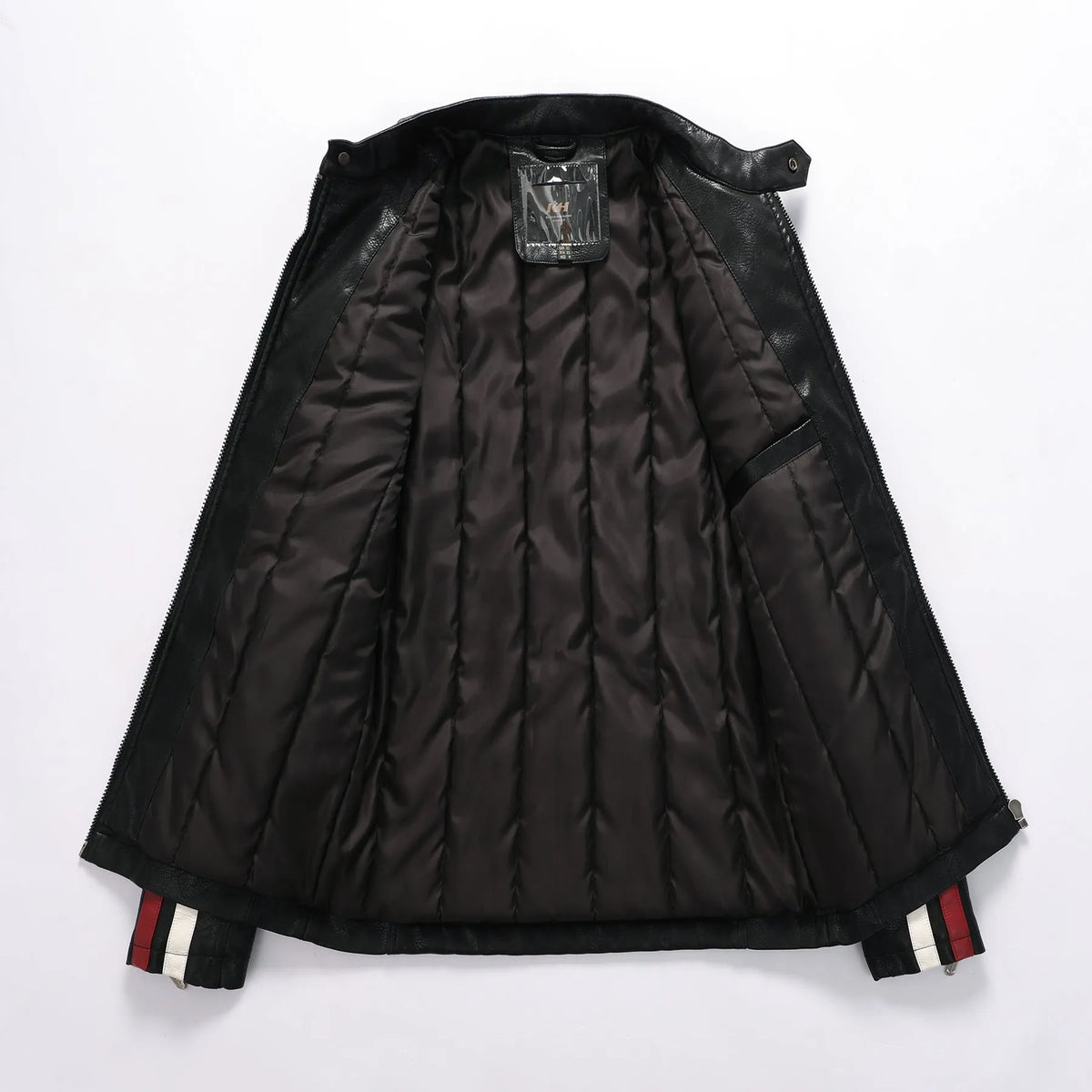 Men's black PU leather motorcycle jacket with washed cotton lining, rock style, no hood, front view