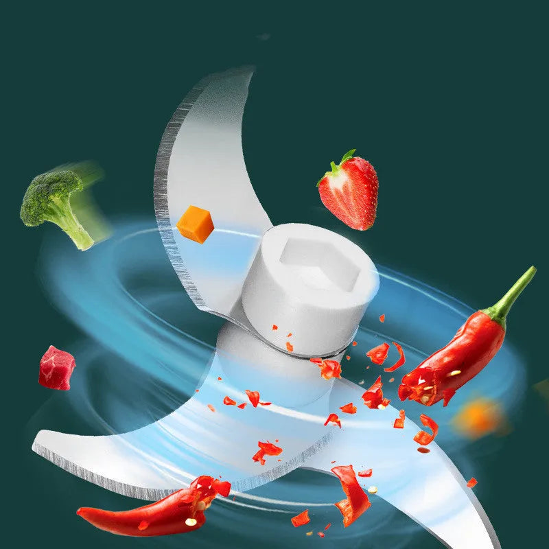 Portable electric garlic cutter with transparent chopping cup and stainless steel blades