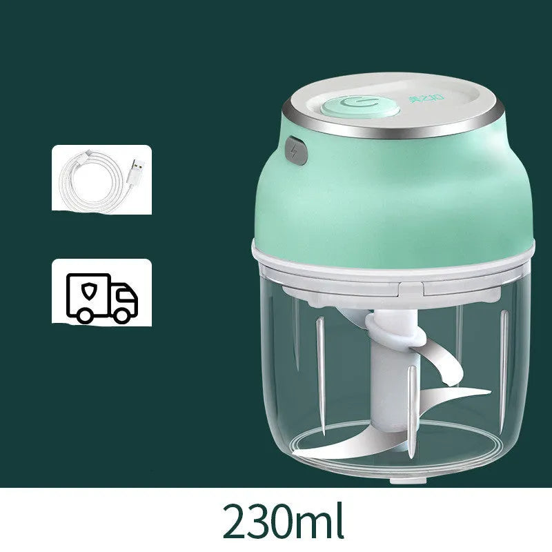 Portable electric garlic cutter with transparent chopping cup and stainless steel blades