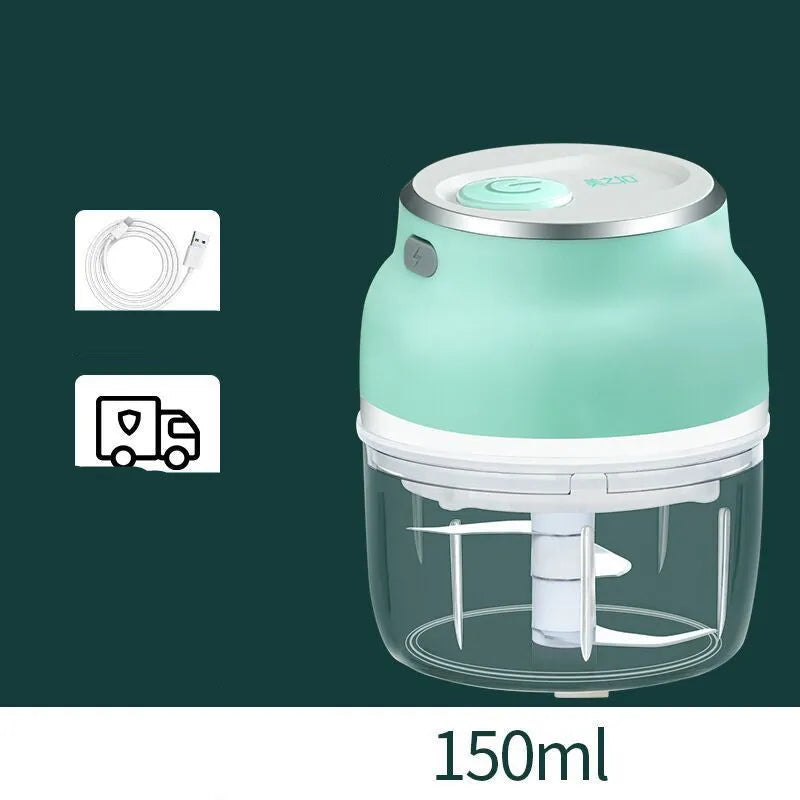 Portable electric garlic cutter with transparent chopping cup and stainless steel blades