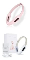 Micro-current IPL facial lifting massager in pink with six modes, adjustable V angle, and USB charging cable
