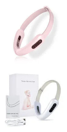 Micro-current IPL facial lifting massager in pink with six modes, adjustable V angle, and USB charging cable