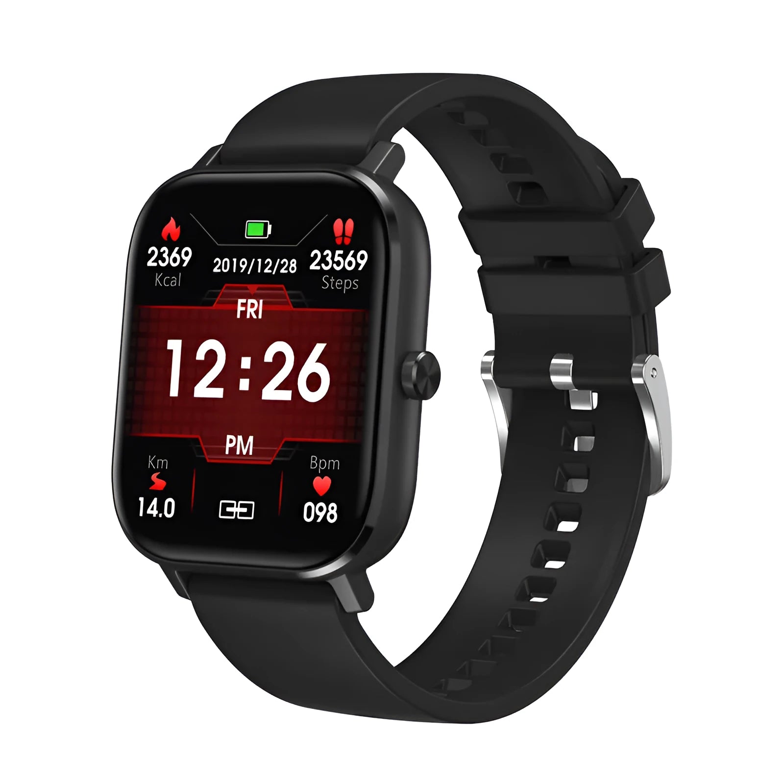 DT35 smart watch with colour screen and black silicone strap on wrist